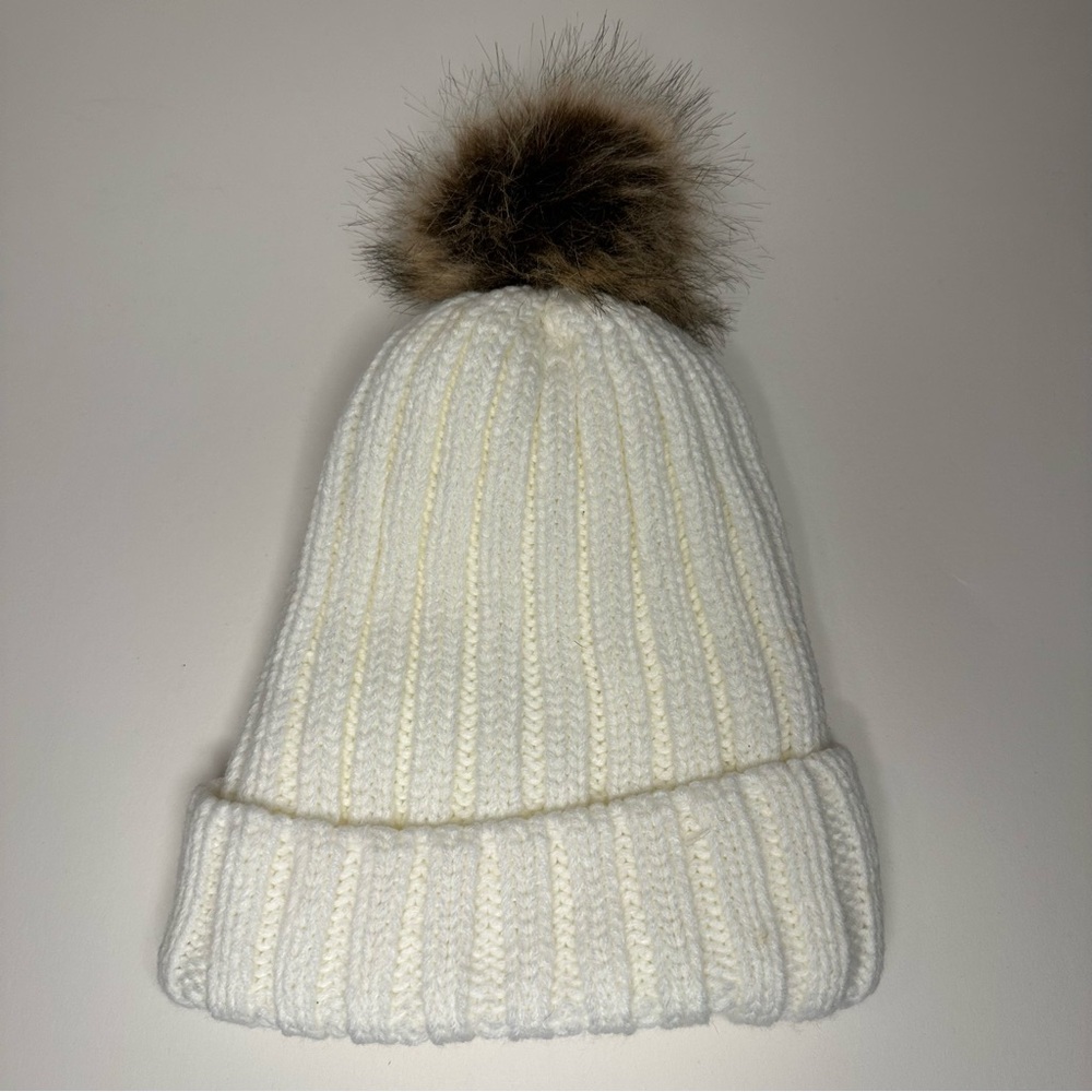 Womens White Fleece Lined Pom Beanie Winter Hat Chunky Knit (OS) Fishermancore